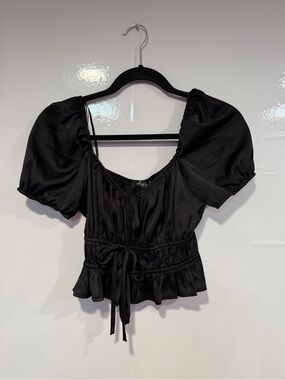 Puff‎ Sleeve Mixed Threads Drawstring Peplum Top - Black
